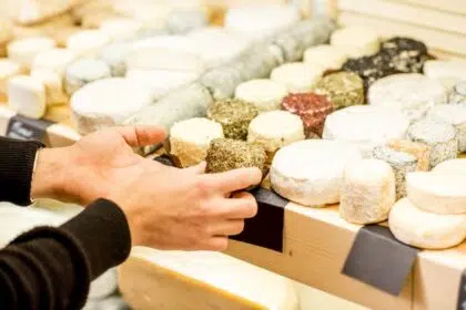 Cheese seller putting goods on the shelves at the cheese store